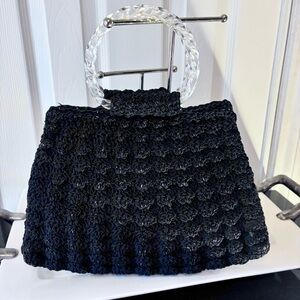 Vintage 1950’s Black Crochet Purse with Lucite Handle 12” W x 9.5” H